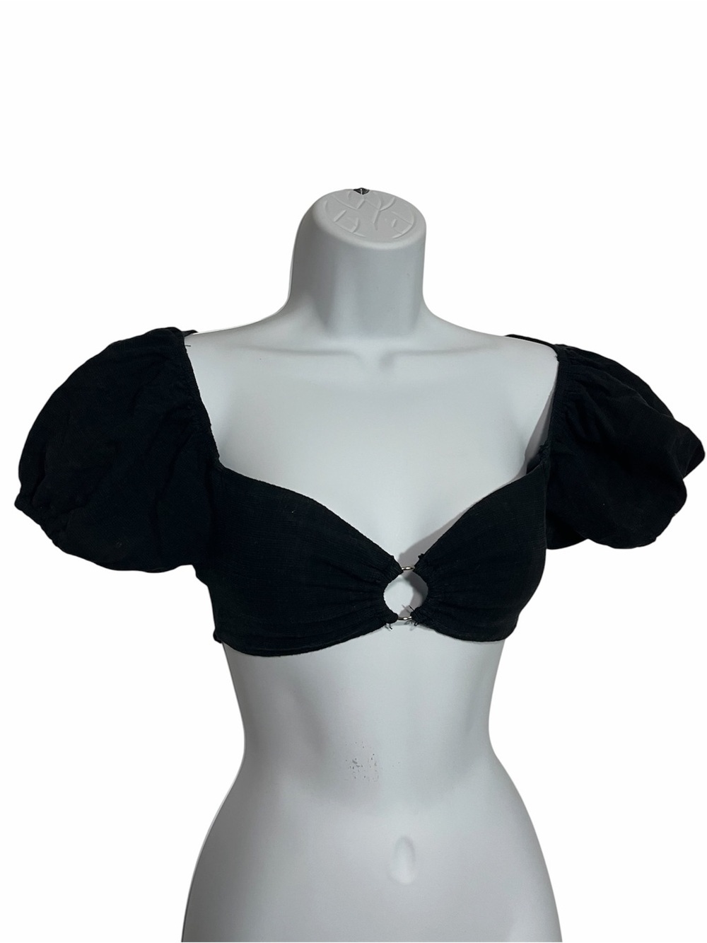 Princess Polly Black Puff Sleeve Crop Top Front Ring Lace Up Open Back Size 0